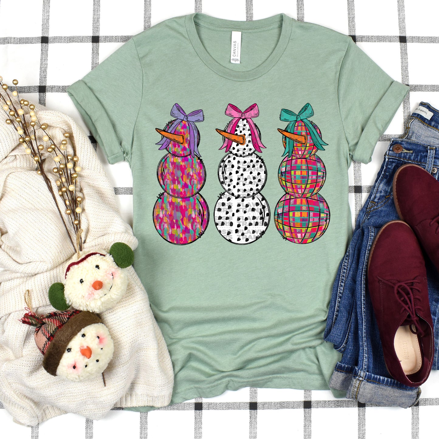 Colorful Snowmen With Bows DTF Transfer