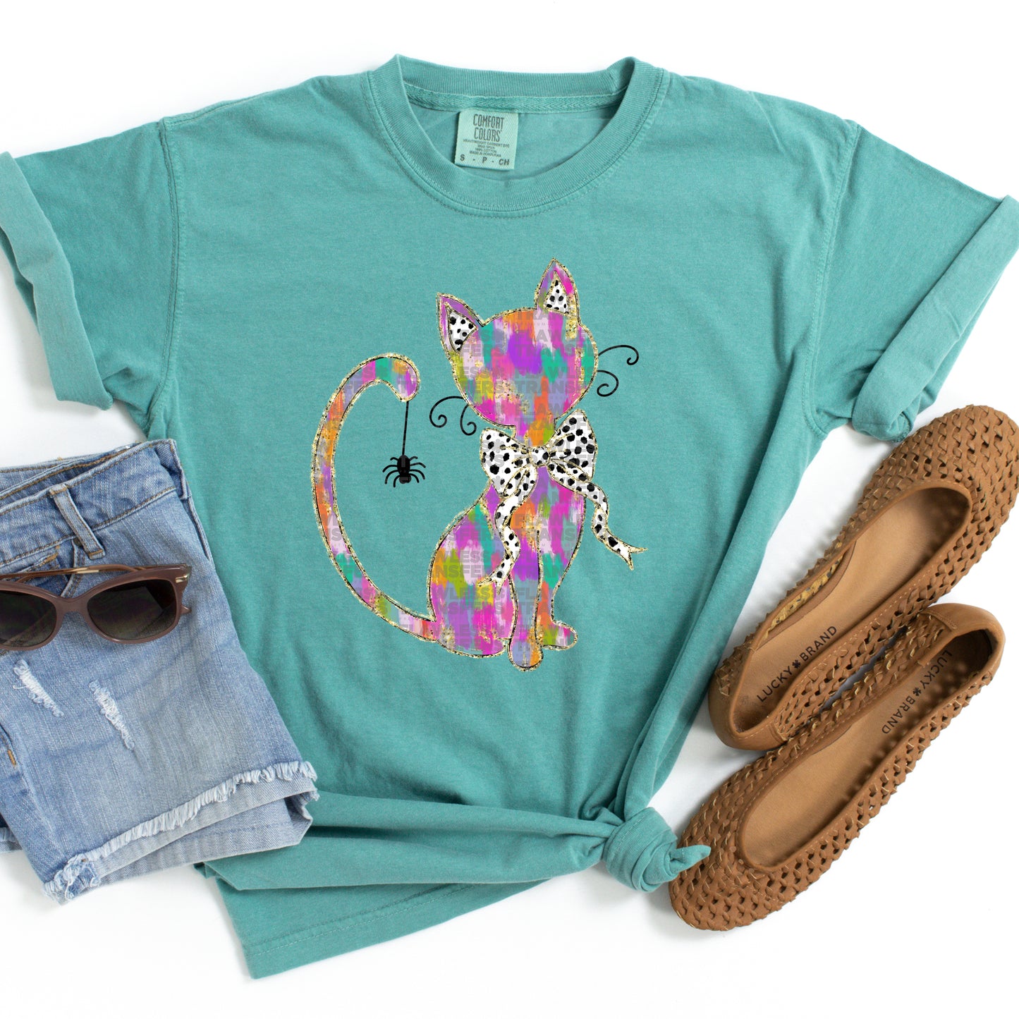 Cat Colorful Brushstrokes Gold Glitter Coquette Bow DTF Transfer