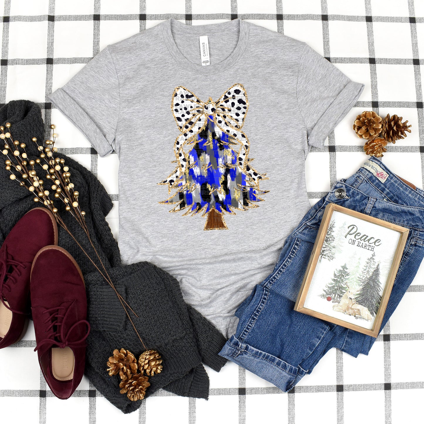 Christmas Tree Blue Brushstrokes Coquette Bow DTF Transfer