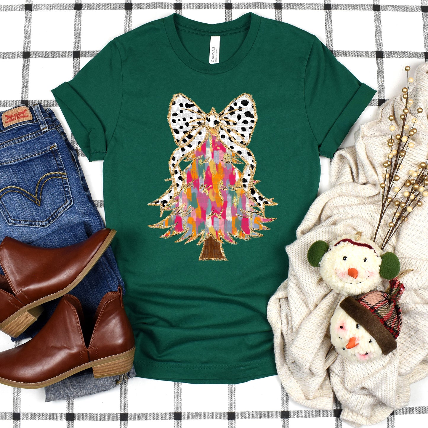 Christmas Tree Colorful Brushstrokes Coquette Bow - Design 1 DTF Transfer