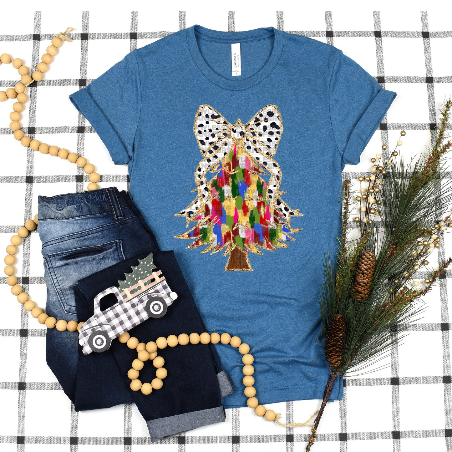 Christmas Tree Colorful Brushstrokes Coquette Bow - Design 2 DTF Transfer