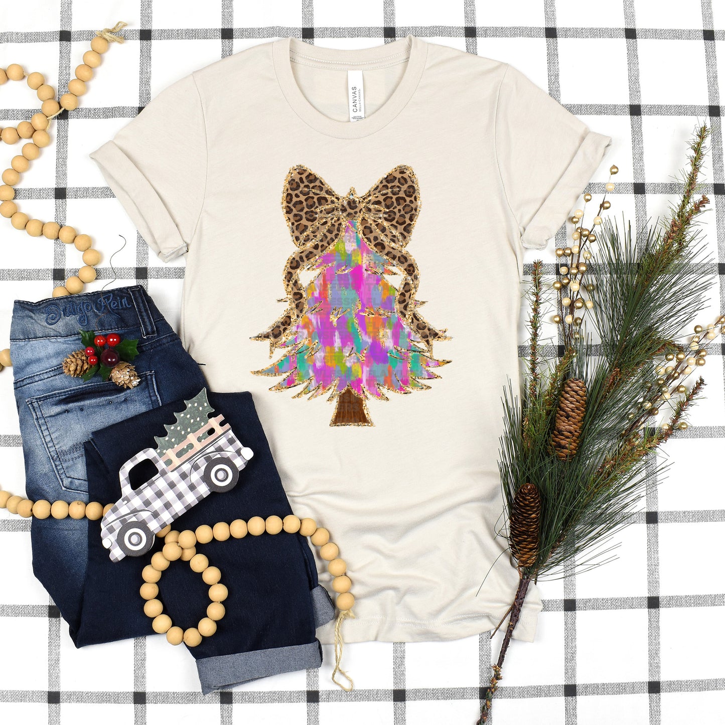 Christmas Tree Colorful Brushstrokes Coquette Bow - Design 4 DTF Transfer