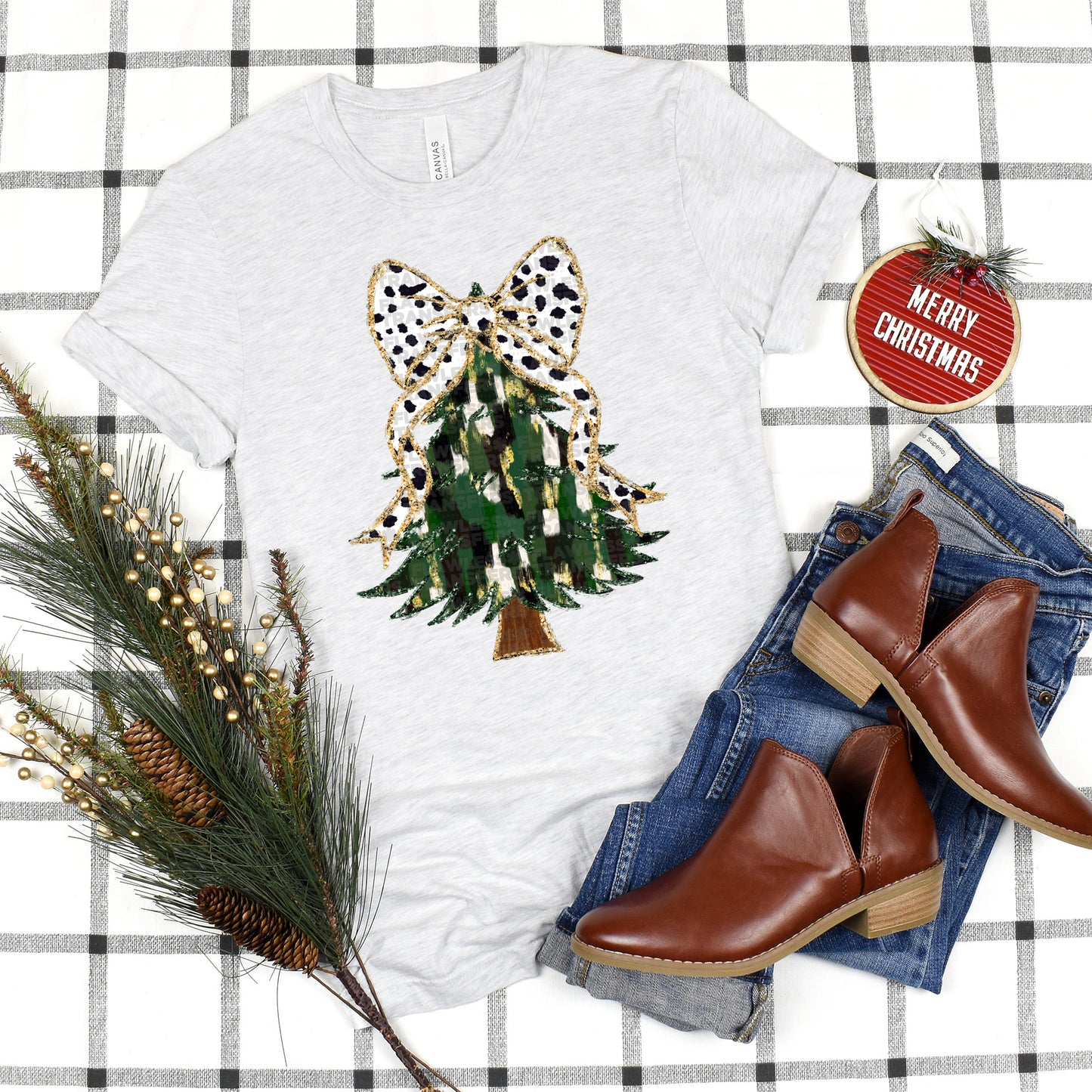 Christmas Tree Green And Gold Brushstrokes Coquette Bow - Design 1 DTF Transfer