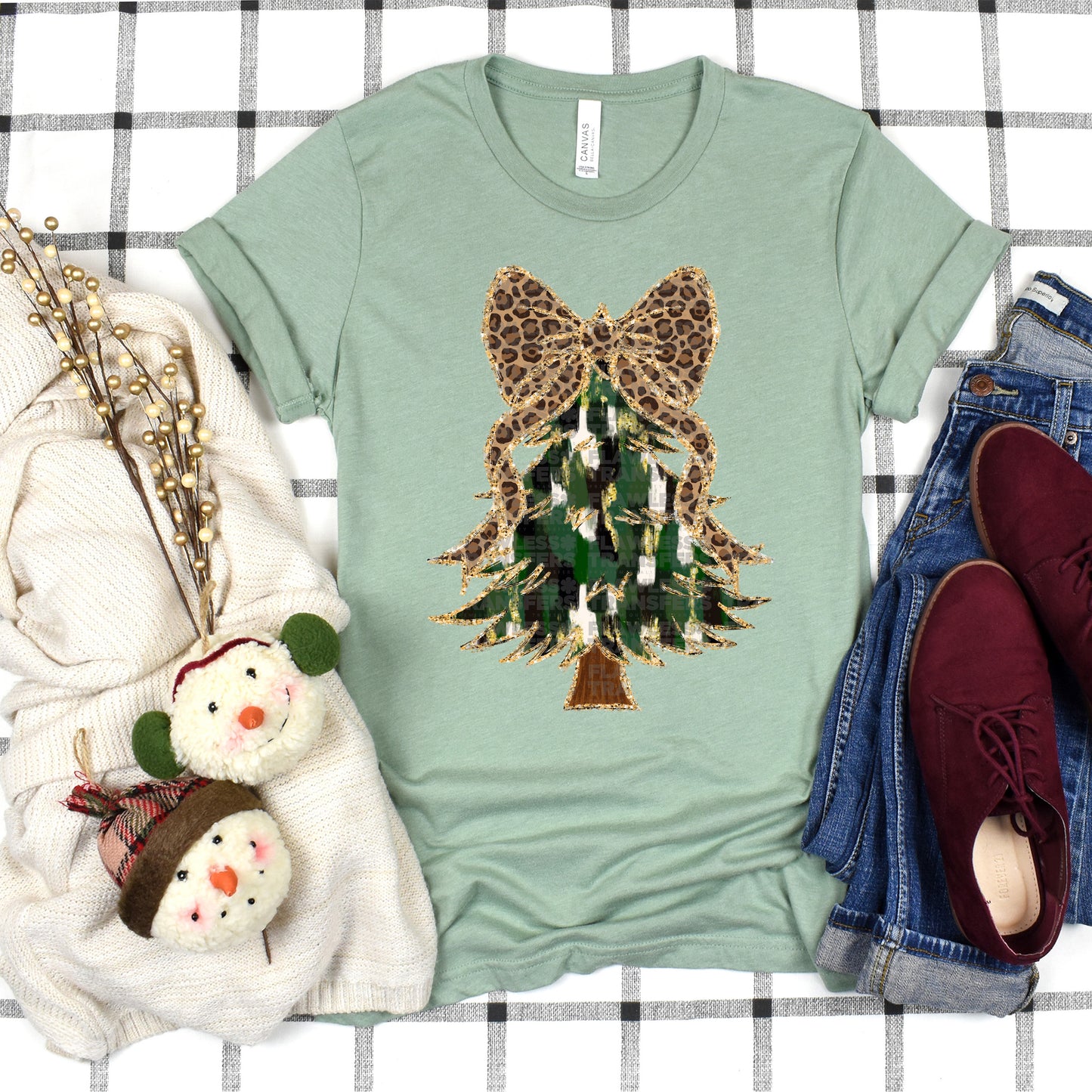 Christmas Tree Green And Gold Brushstrokes Coquette Bow - Design 2 DTF Transfer