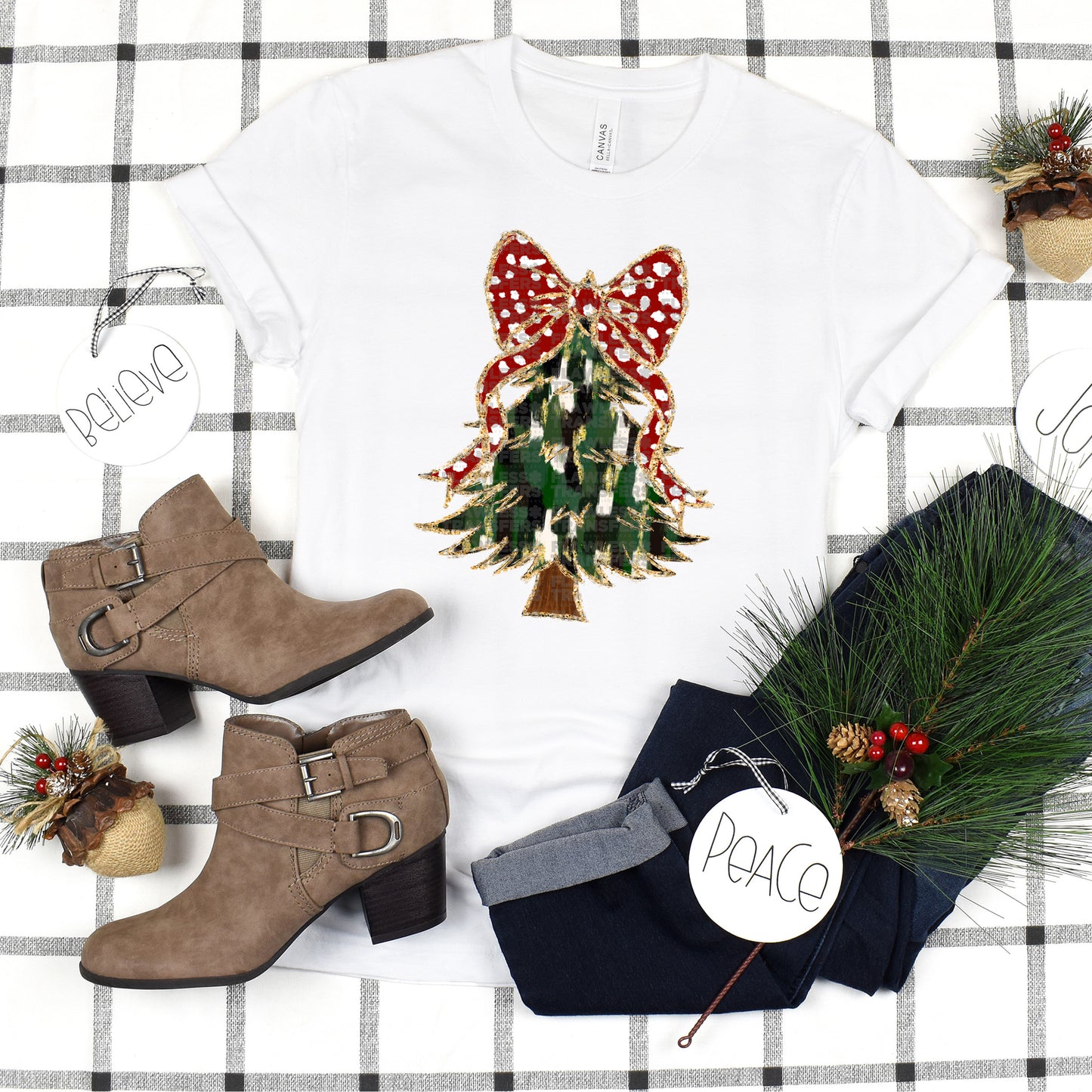 Christmas Tree Green And Gold Brushstrokes Coquette Bow - Design 4 DTF Transfer