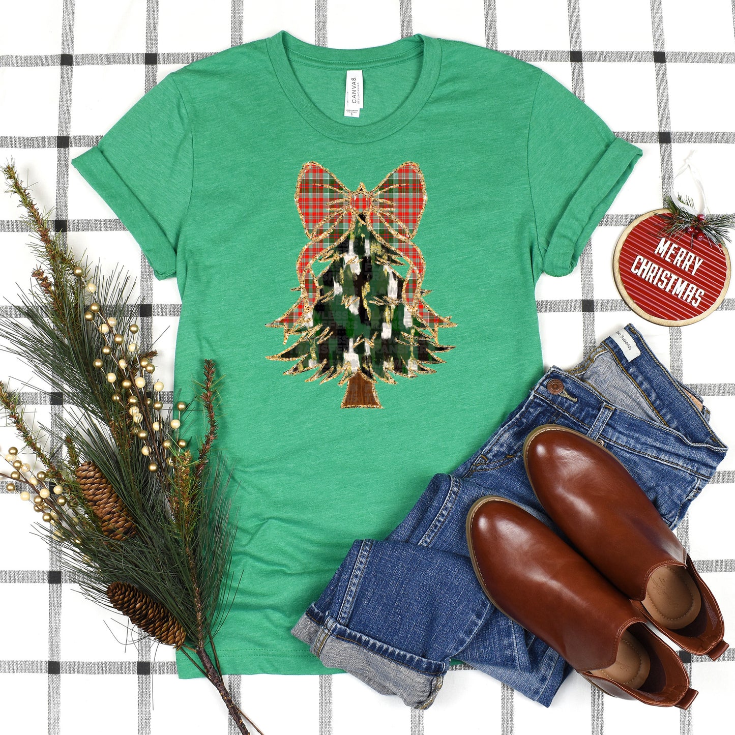 Christmas Tree Green And Gold Brushstrokes Coquette Bow - Design 5 DTF Transfer