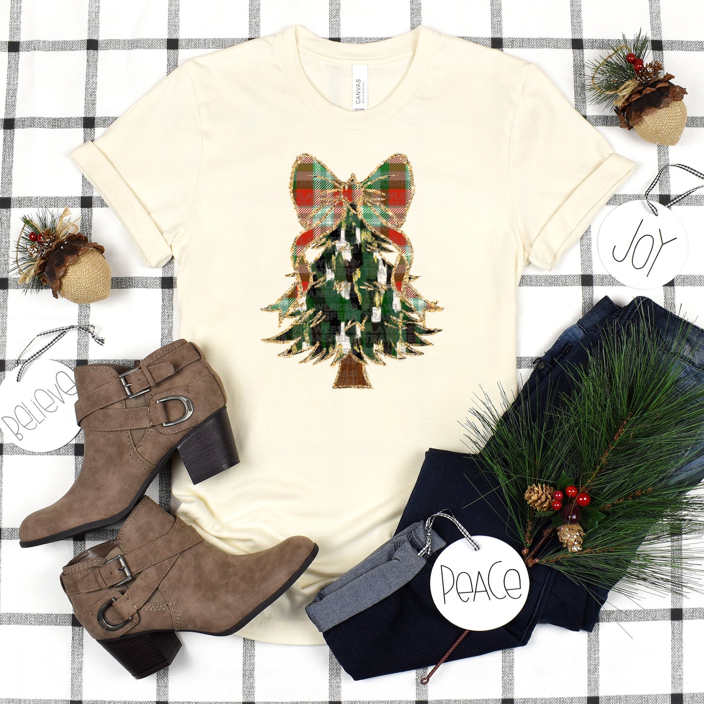 Christmas Tree Green And Gold Brushstrokes Coquette Bow - Design 6 DTF Transfer