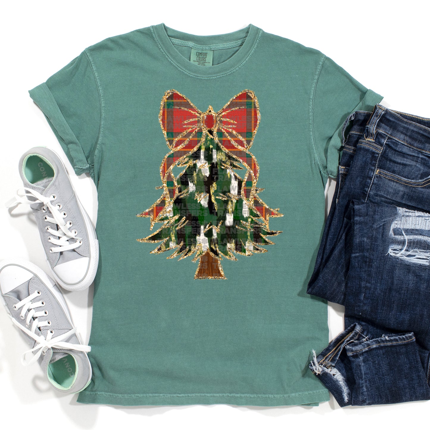 Christmas Tree Green And Gold Brushstrokes Coquette Bow - Design 7 DTF Transfer