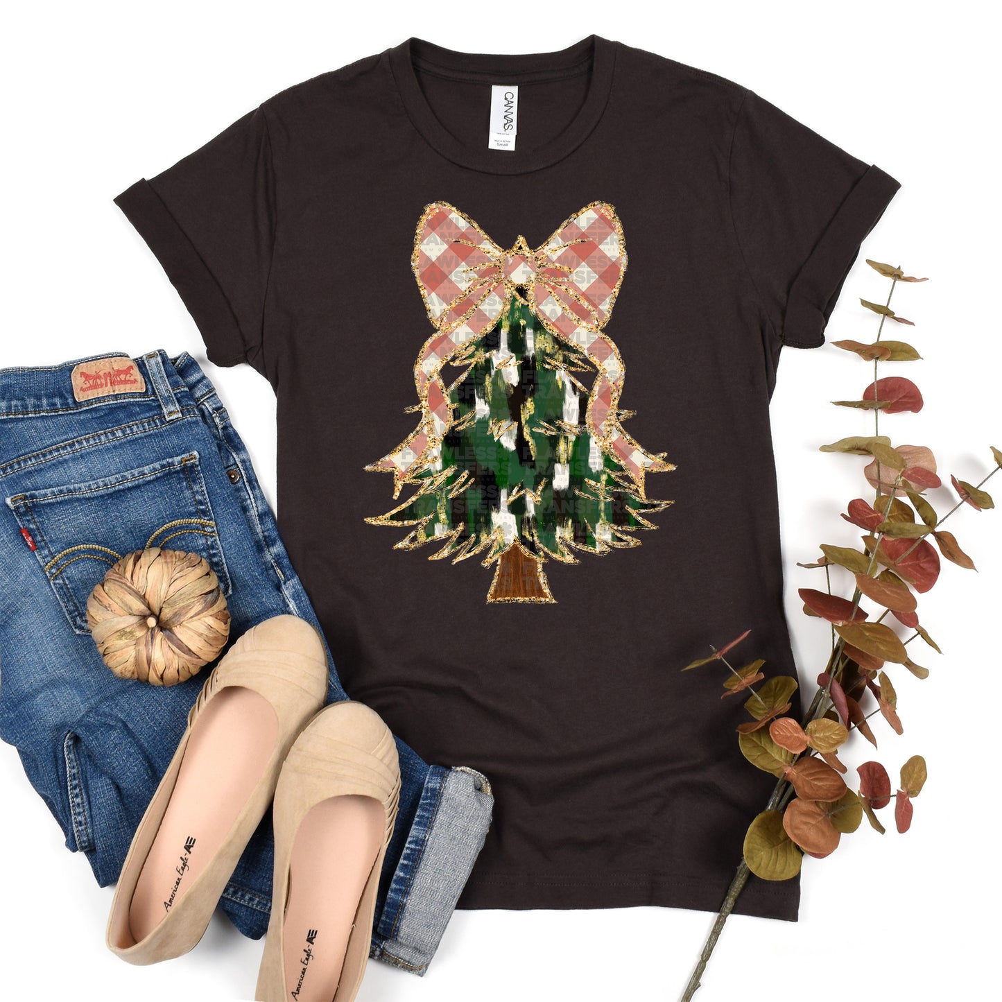 Christmas Tree Green And Gold Brushstrokes Coquette Bow - Design 8 DTF Transfer