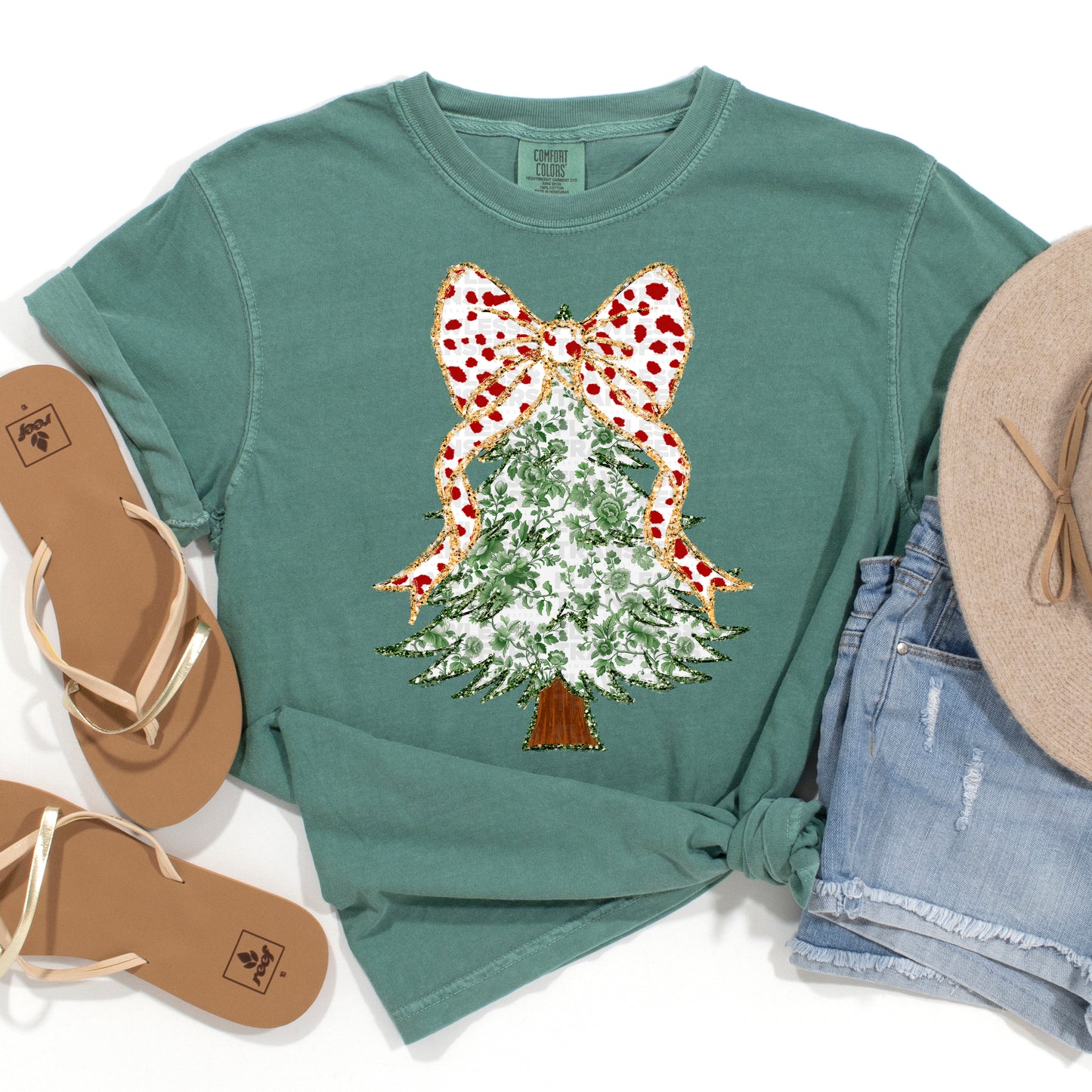 Christmas Tree Green Floral Glitter Outline Coquette Bow - Design 1 DTF Transfer