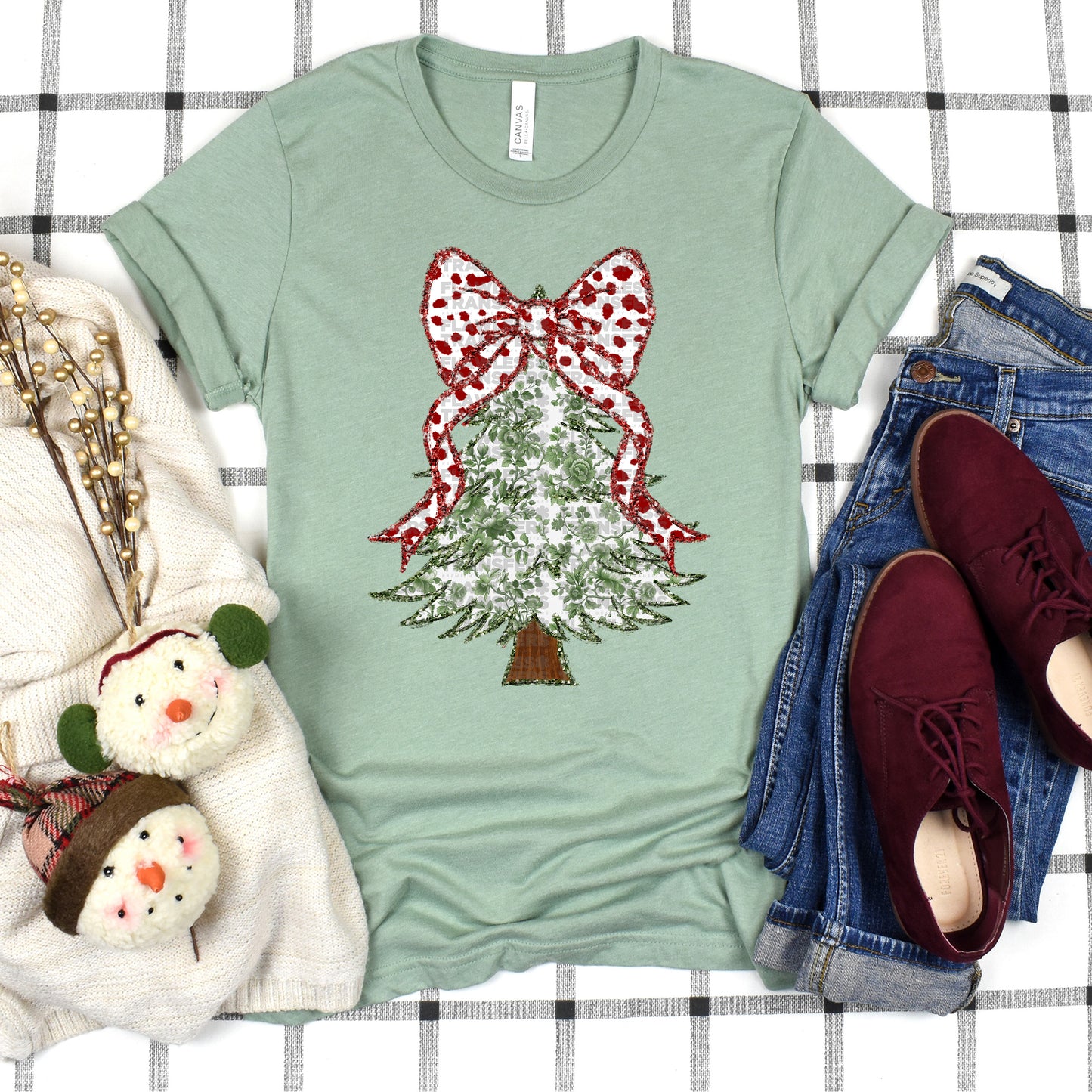 Christmas Tree Green Floral Glitter Outline Coquette Bow - Design 2 DTF Transfer