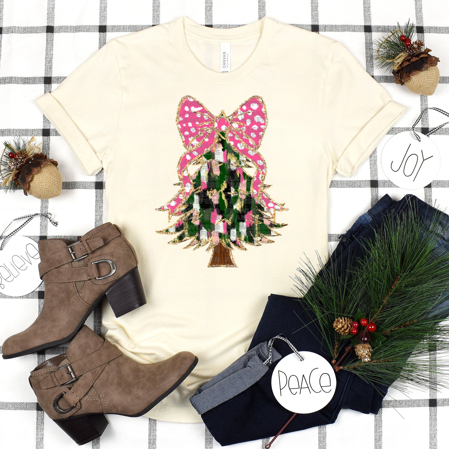 Christmas Tree Pink And Green Brushstrokes Coquette Bow - Design 1 DTF Transfer