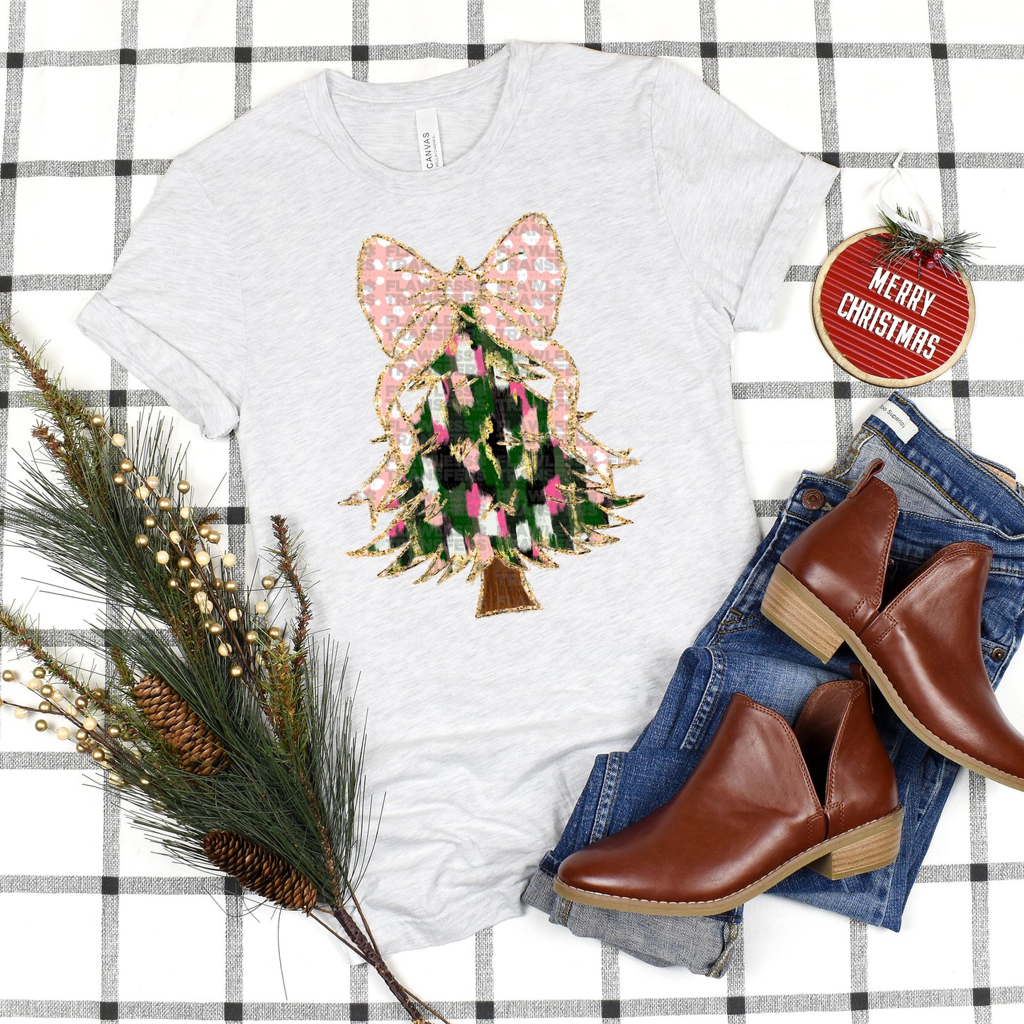 Christmas Tree Pink And Green Brushstrokes Coquette Bow - Design 2 DTF Transfer