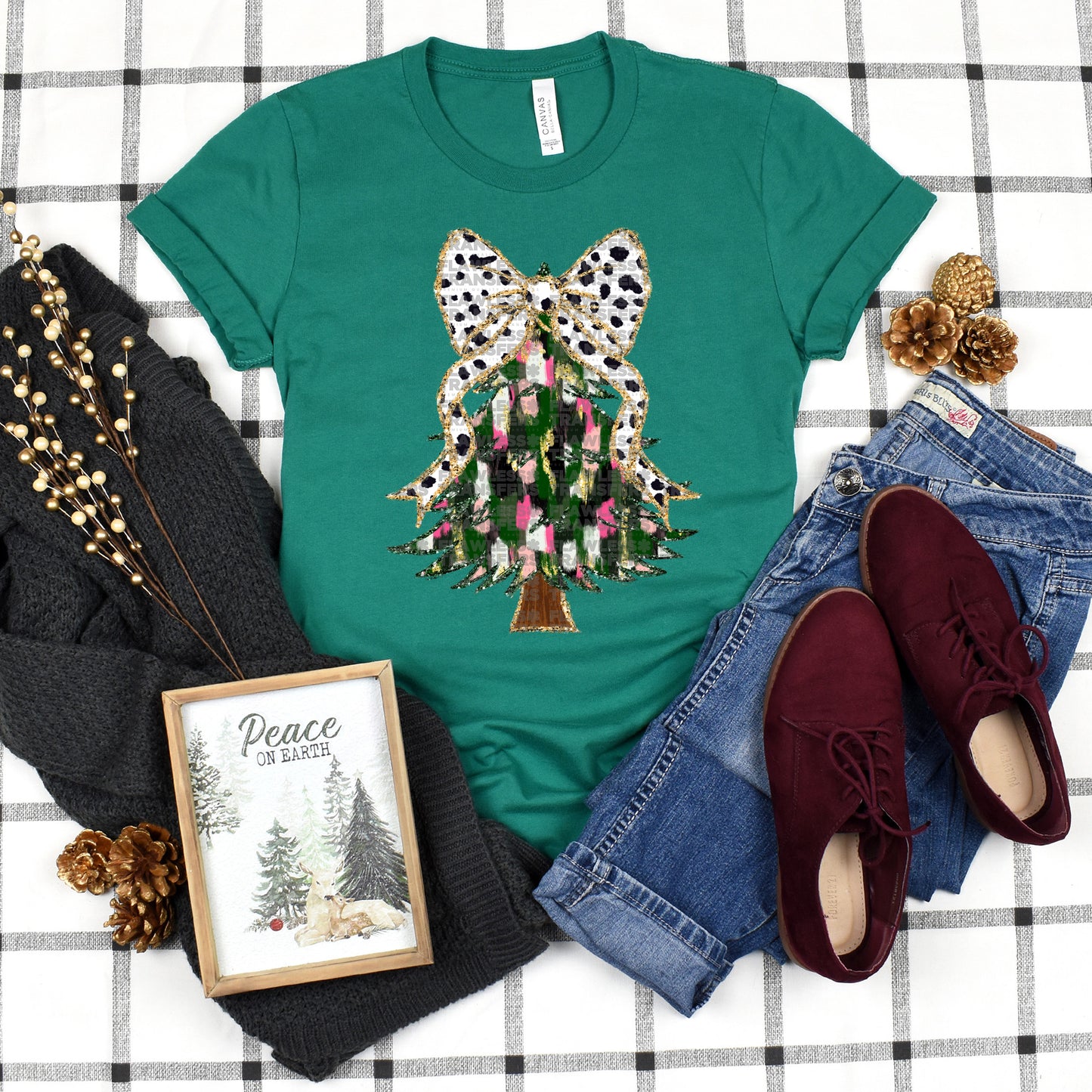 Christmas Tree Pink And Green Brushstrokes Coquette Bow - Design 4 DTF Transfer