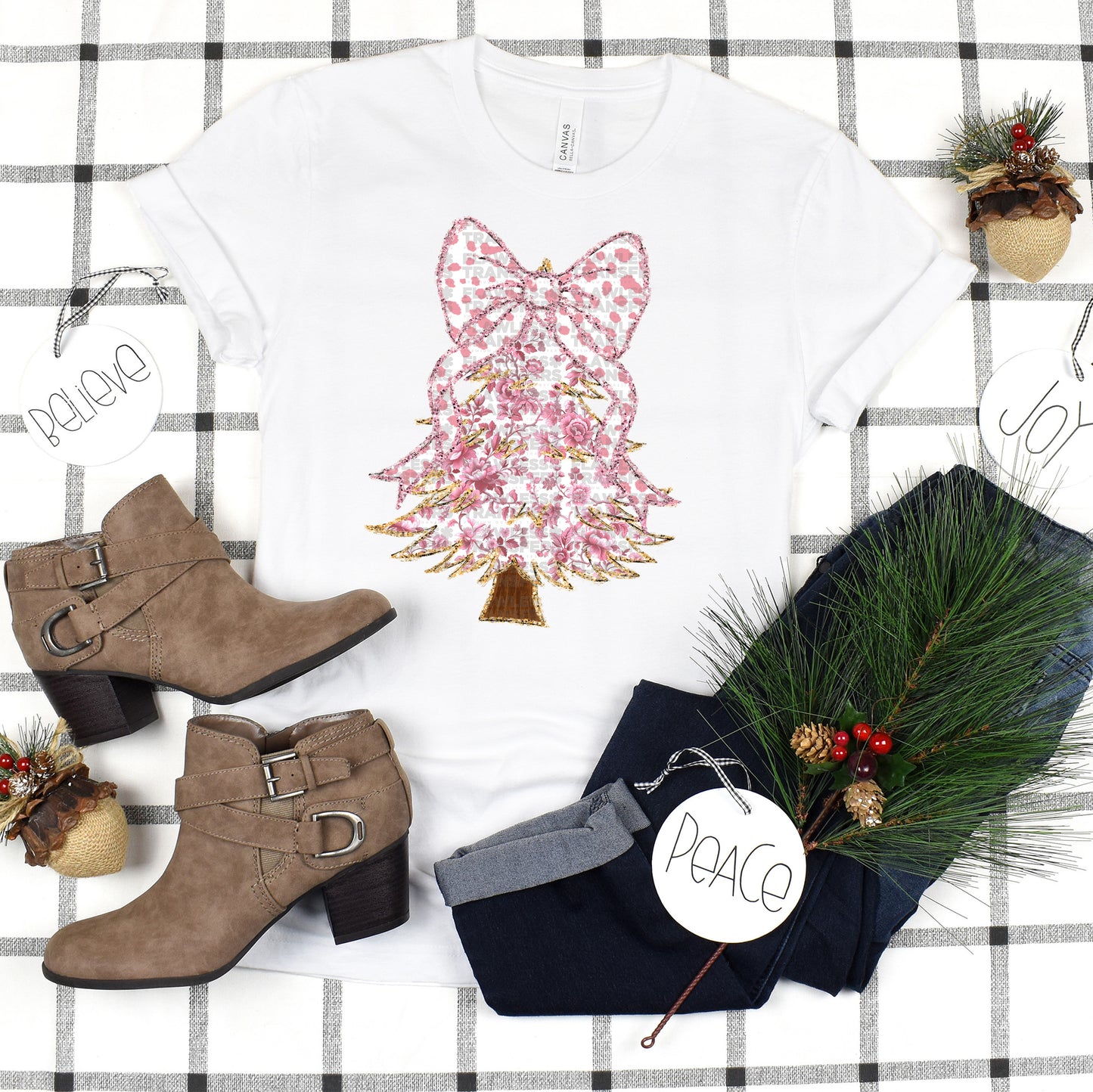 Christmas Tree Pink Floral Gold Glitter Outline Coquette Bow DTF Transfer