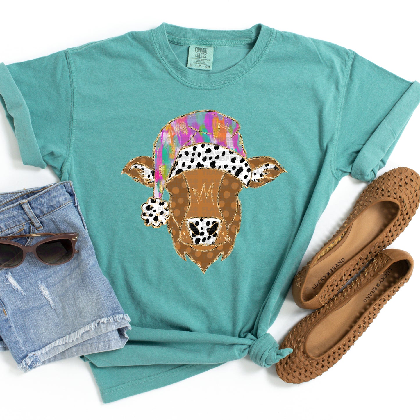 Cow Christmas Hat Brushstrokes - Design 3 DTF Transfer