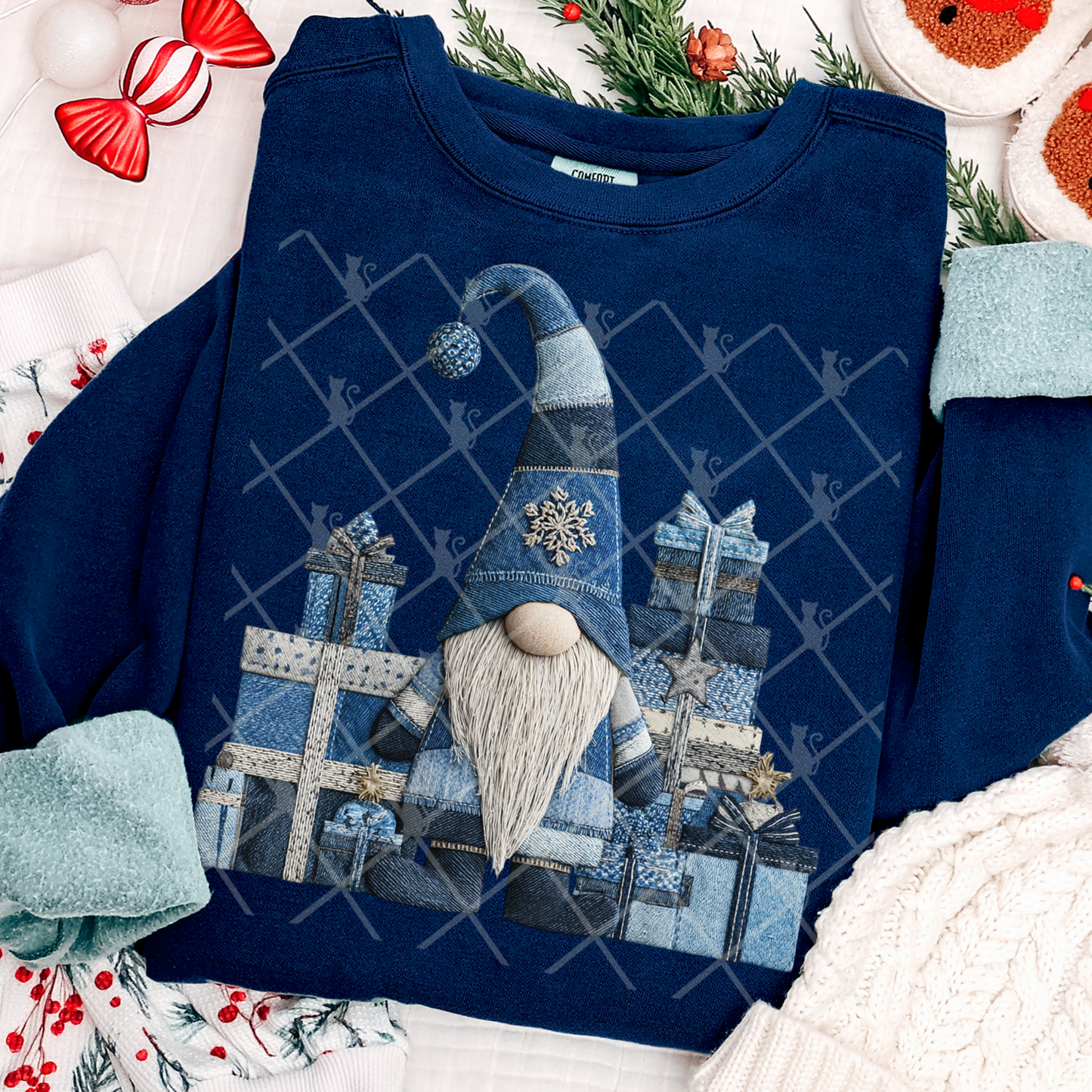 Denim Christmas Gnome Patchwork #2639 DTF Transfer