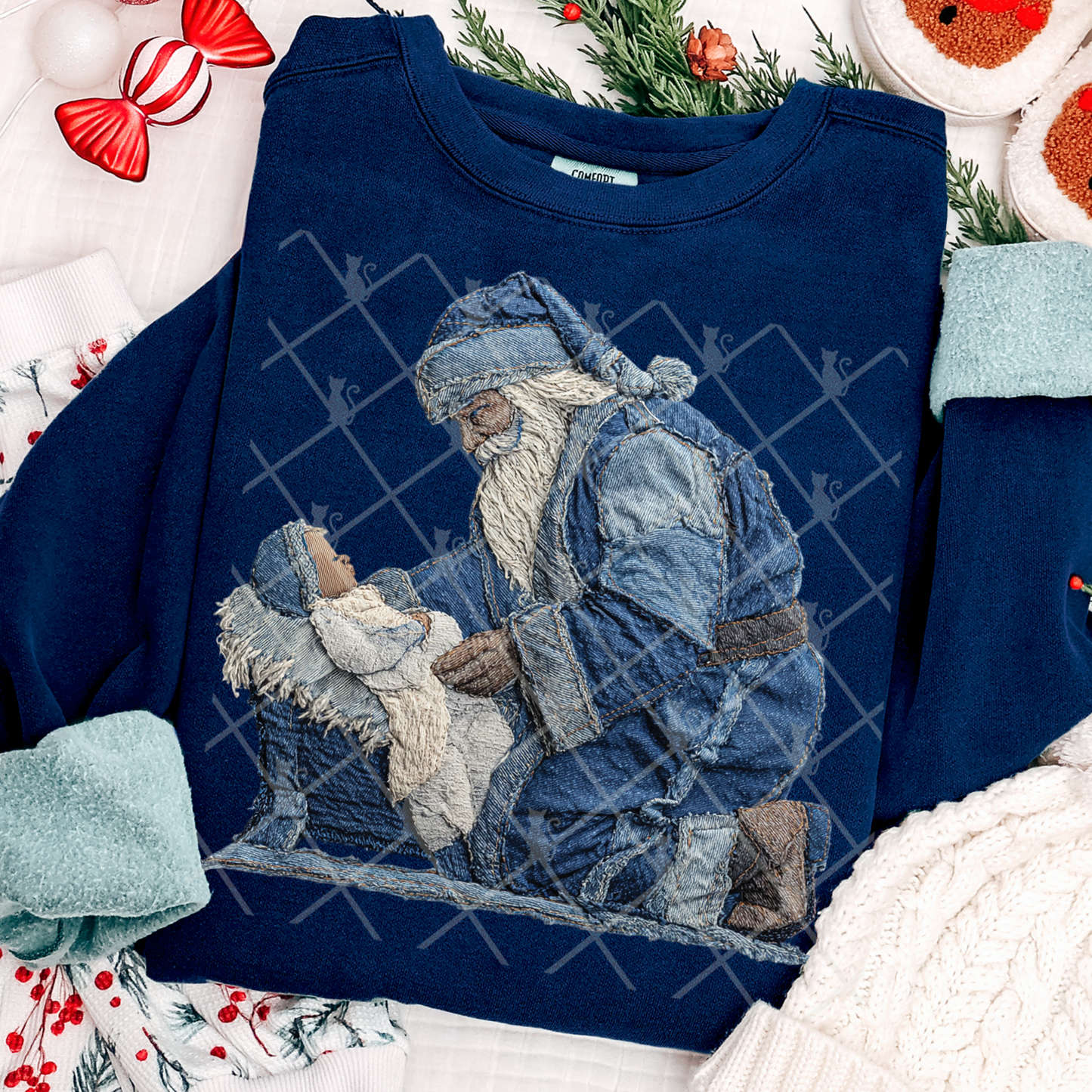 Denim Santa Baby Jesus Patchwork #2651 DTF Transfer