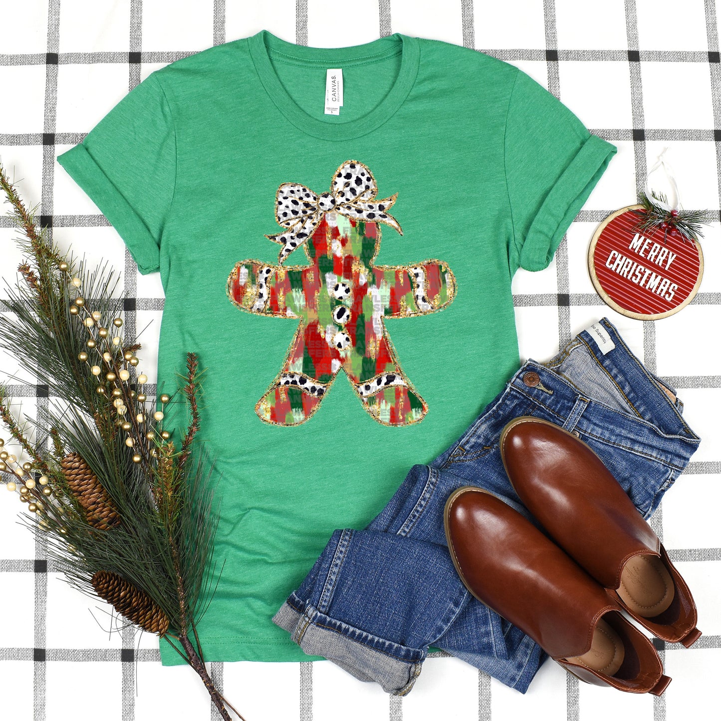 Gingerbread Red And Green Brushstrokes Coquette Bow DTF Transfer