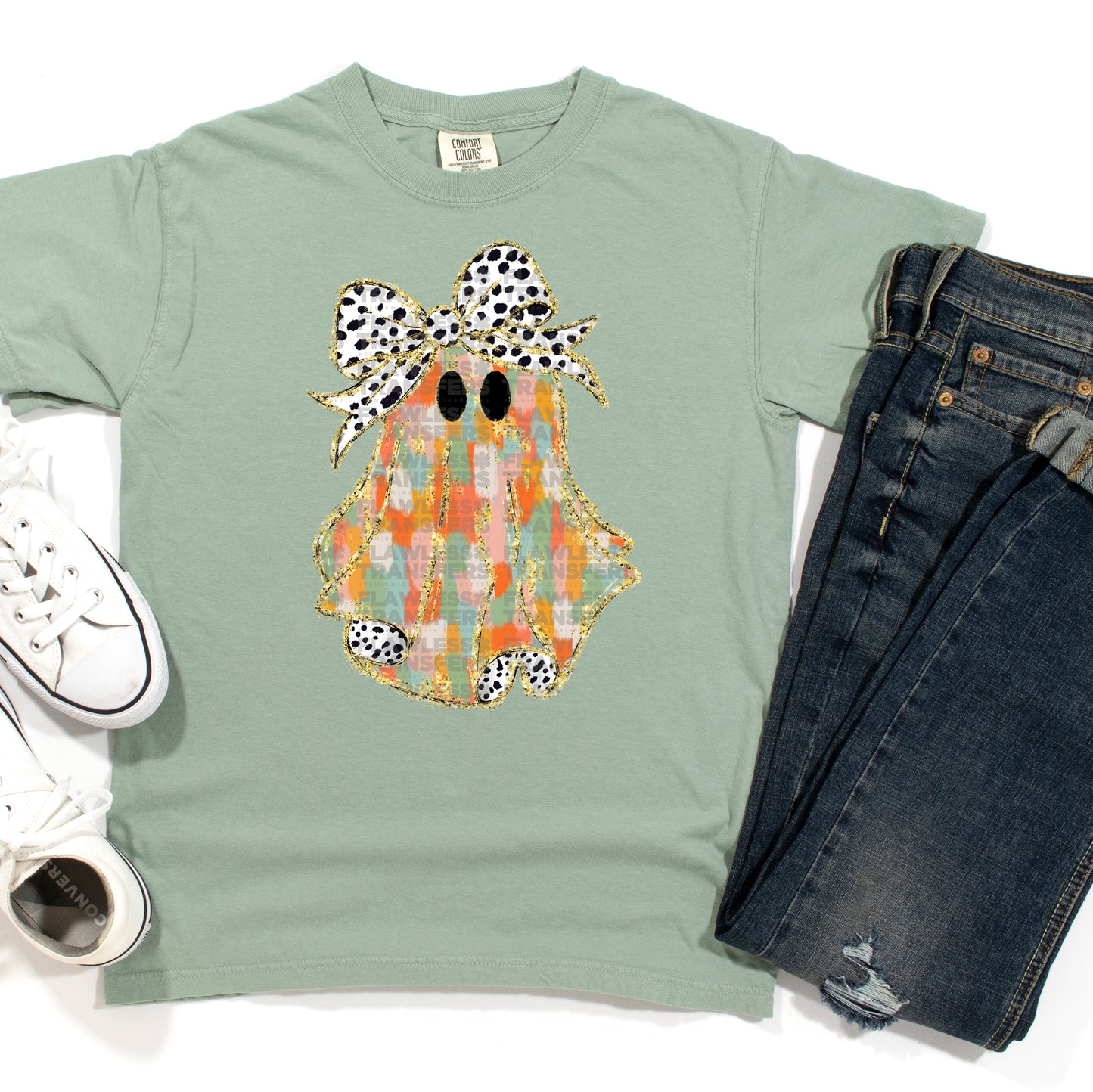 Girl Ghost Orange And Green Brushstrokes Coquette Bow - Design 1 DTF Transfer