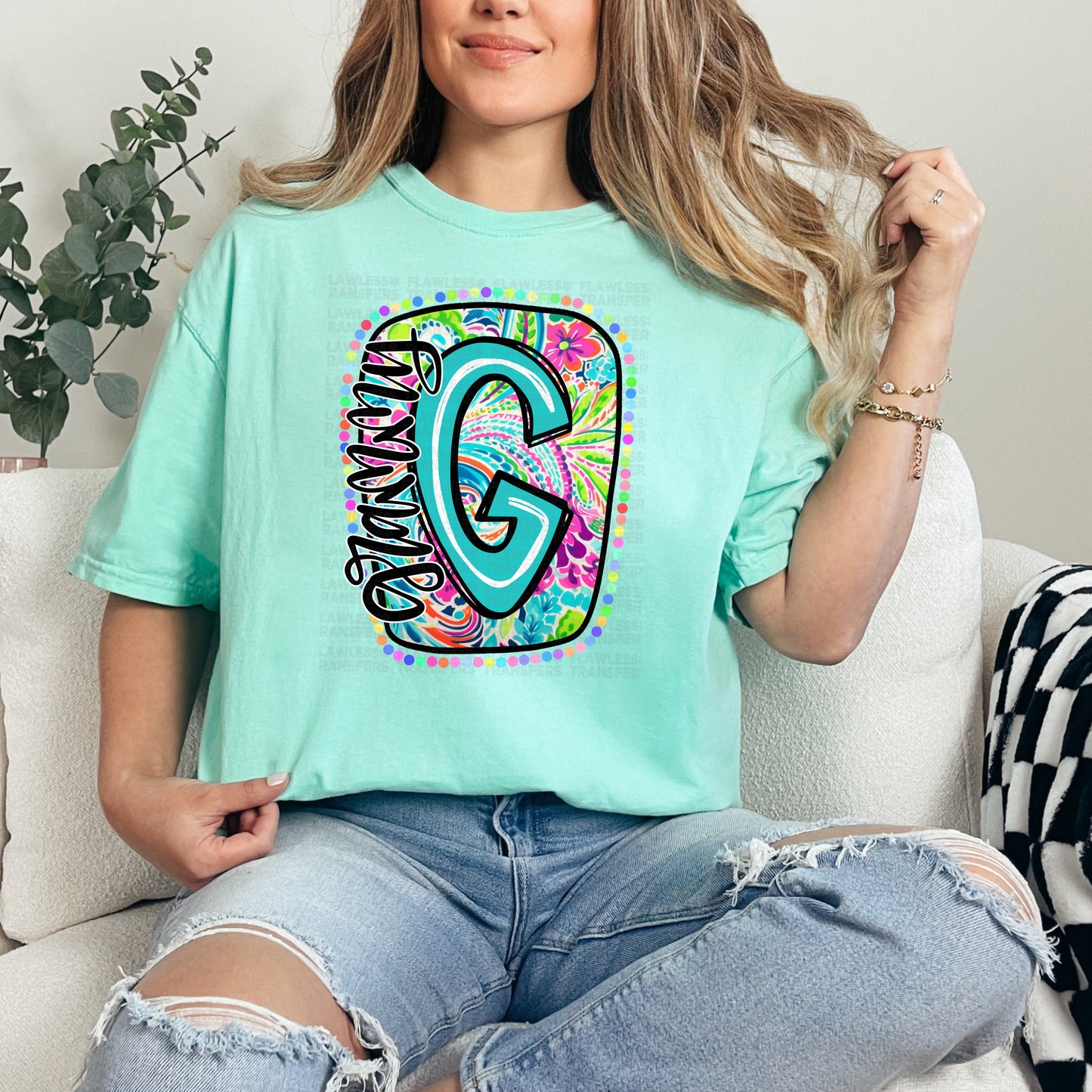 Grammy Scribble Letter Bright Paisley Floral DTF Transfer