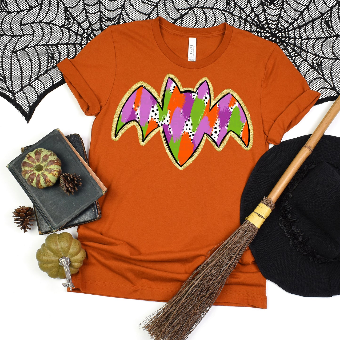 Halloween Bat Dalmatian Dots Brushstrokes Glitter Outline DTF Transfer