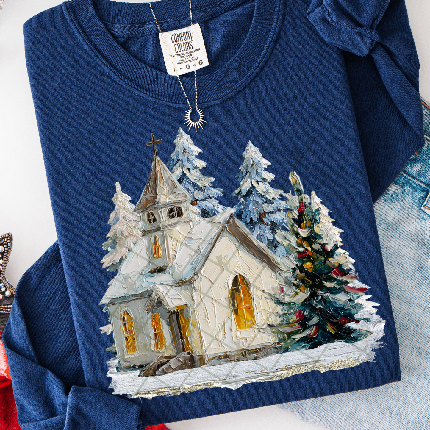 Hand Painted Christmas Church #2764 DTF Transfer