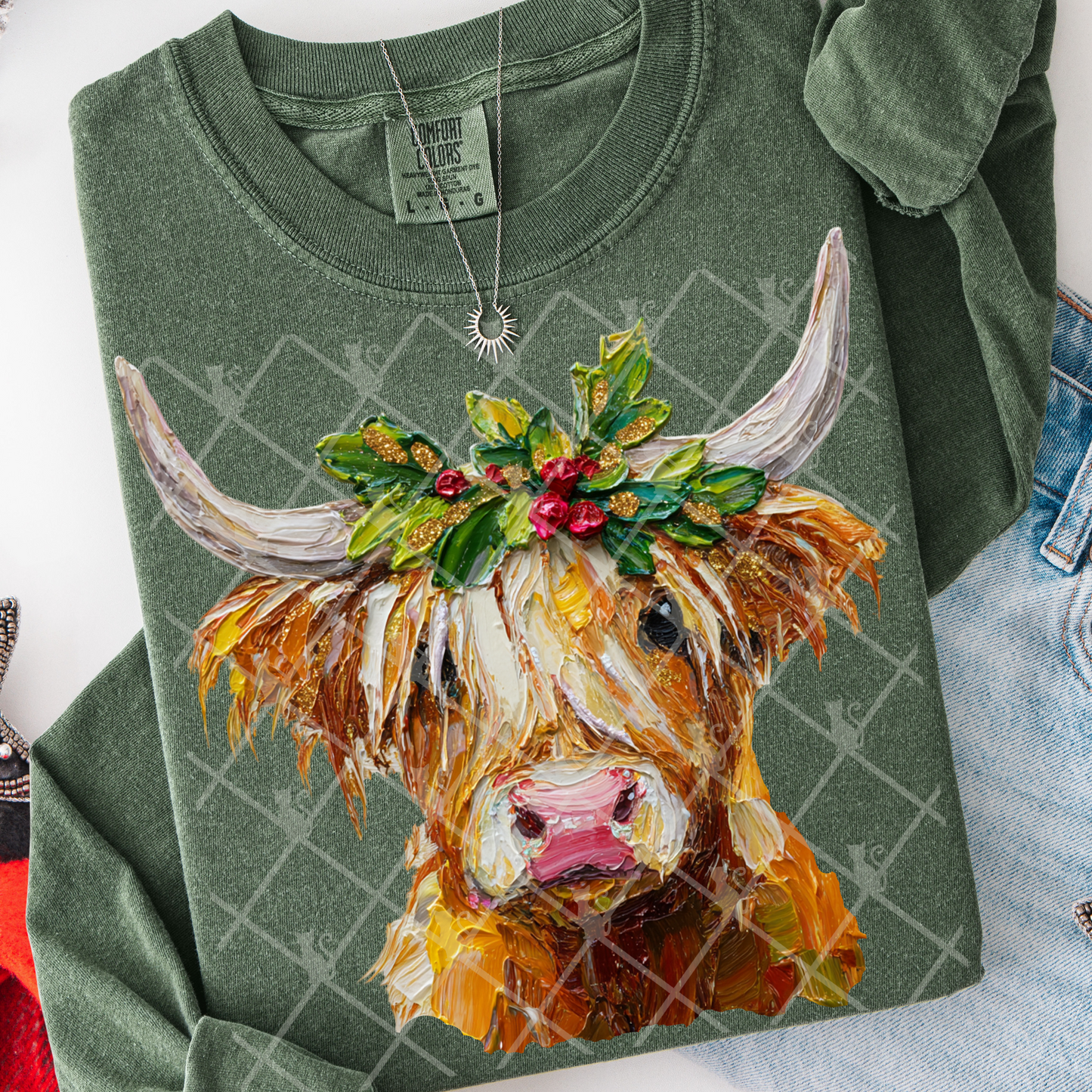 Hand Painted Christmas Highland Cow #2770 DTF Transfer