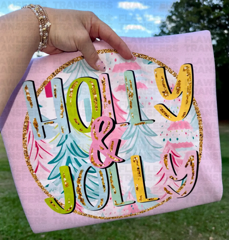 Holly Jolly - Round With Pastel Colors DTF Transfer