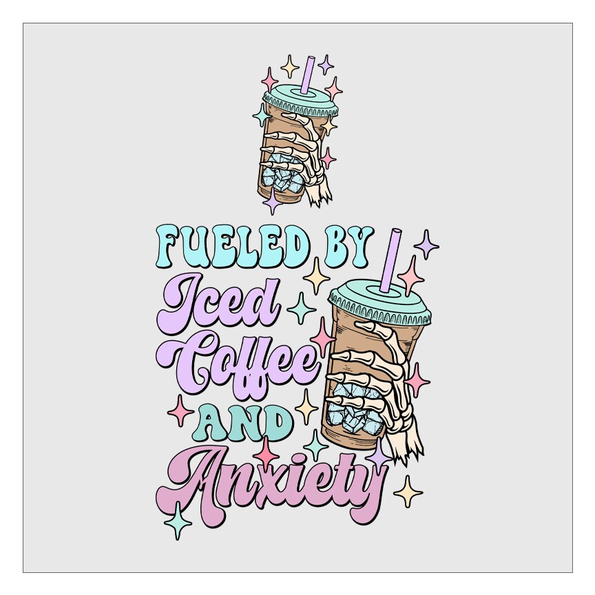 Fueled By Iced Coffee And Anxiety - Pocket and Back Print SET DTF Transfer, Ready For Press, Hot Peel, Transfers For Shirts, Heat Transfer