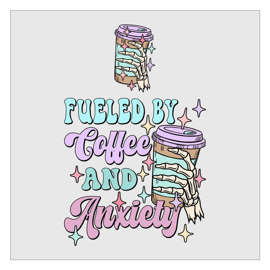 Fueled By Coffee And Anxiety - Pocket and Back Print SET DTF Transfer, Ready For Press, Hot Peel, Transfers For Shirts, Heat Transfer