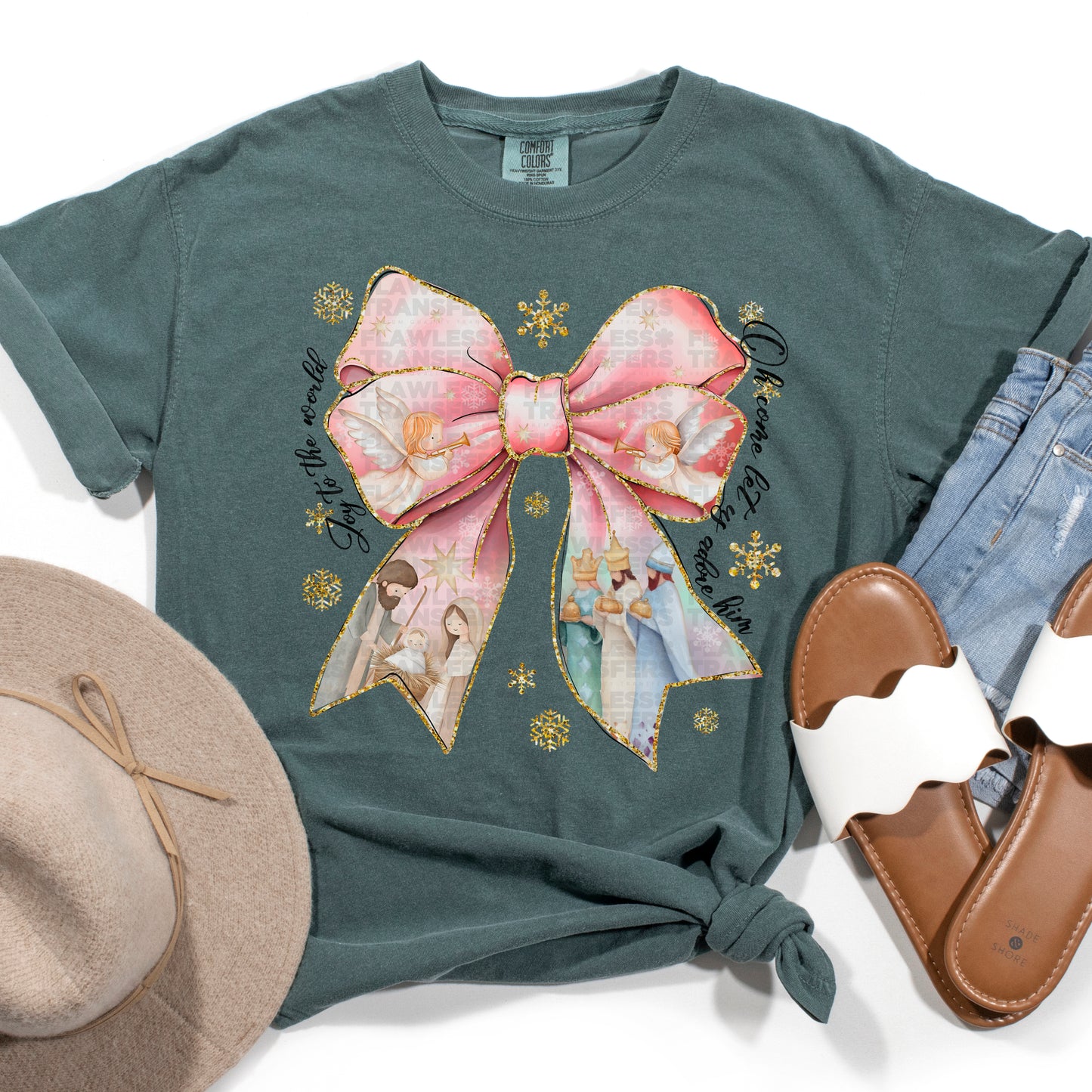 Jesus Christmas Coquette Bow - Oh Come Let Us Adore Him - Joy To The World DTF Transfer