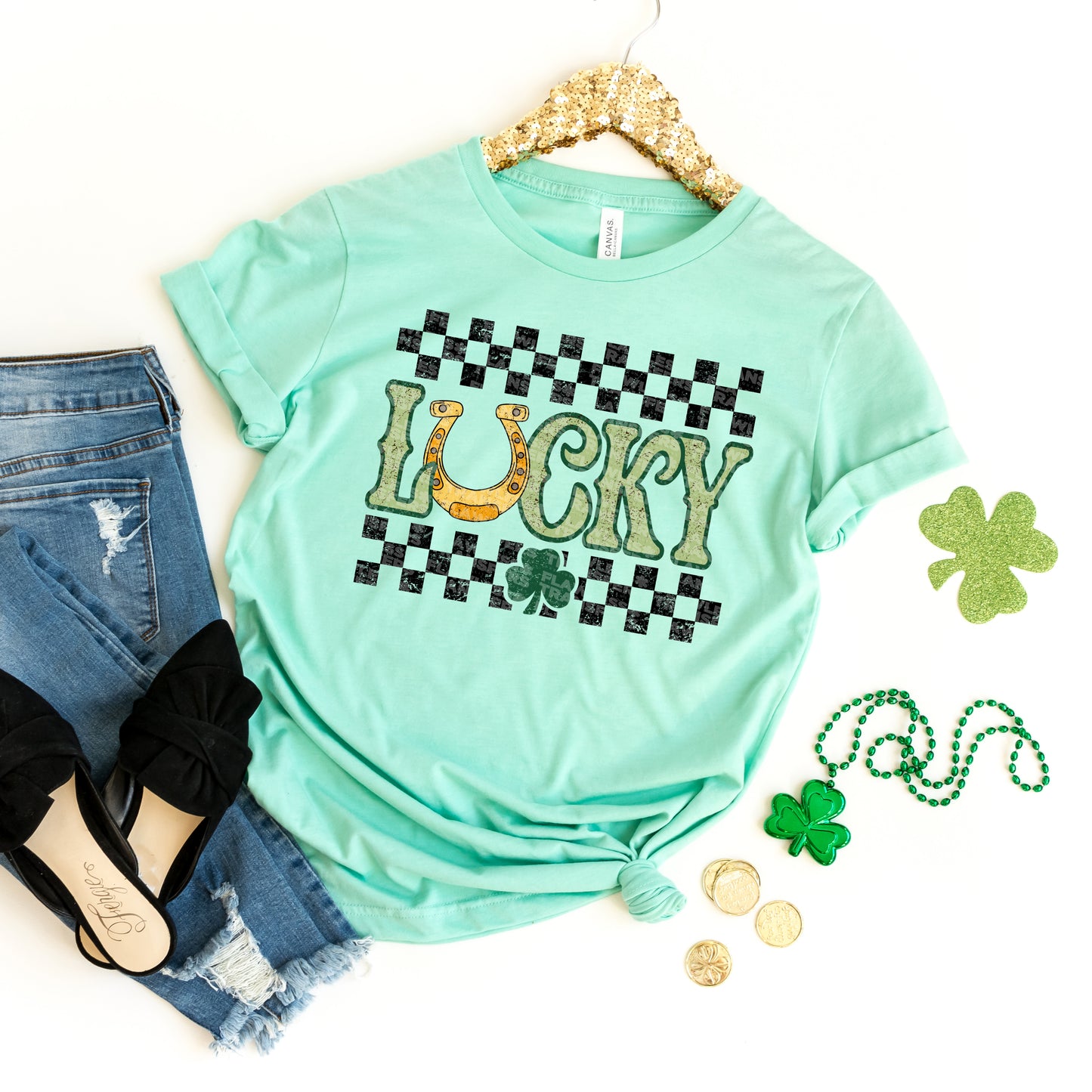 Lucky Horseshoe Distressed Black Checkered #1187 - DTF Transfers