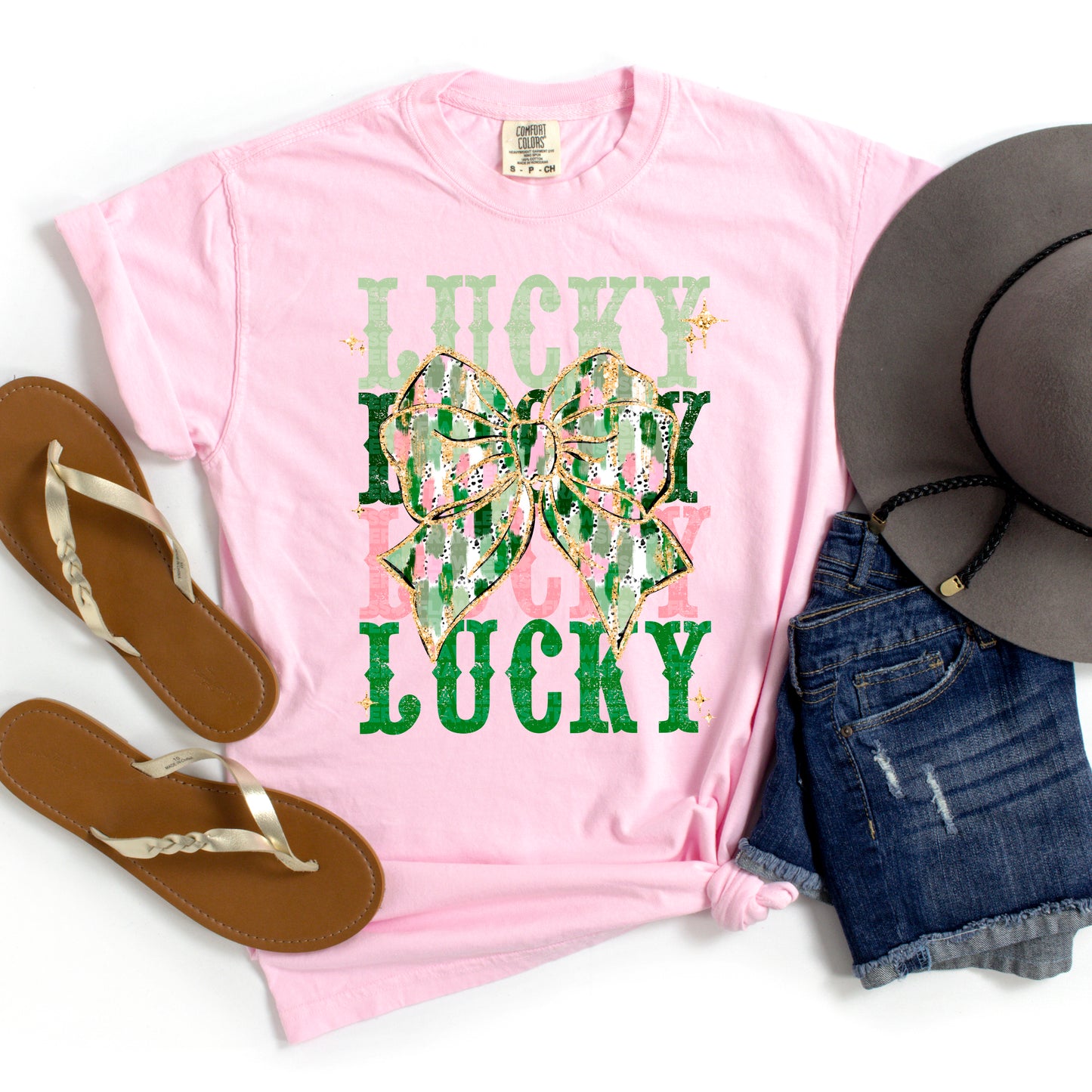 Lucky Stacked Pink And Green Brushstrokes Coquette Bow #1184 - DTF Transfers