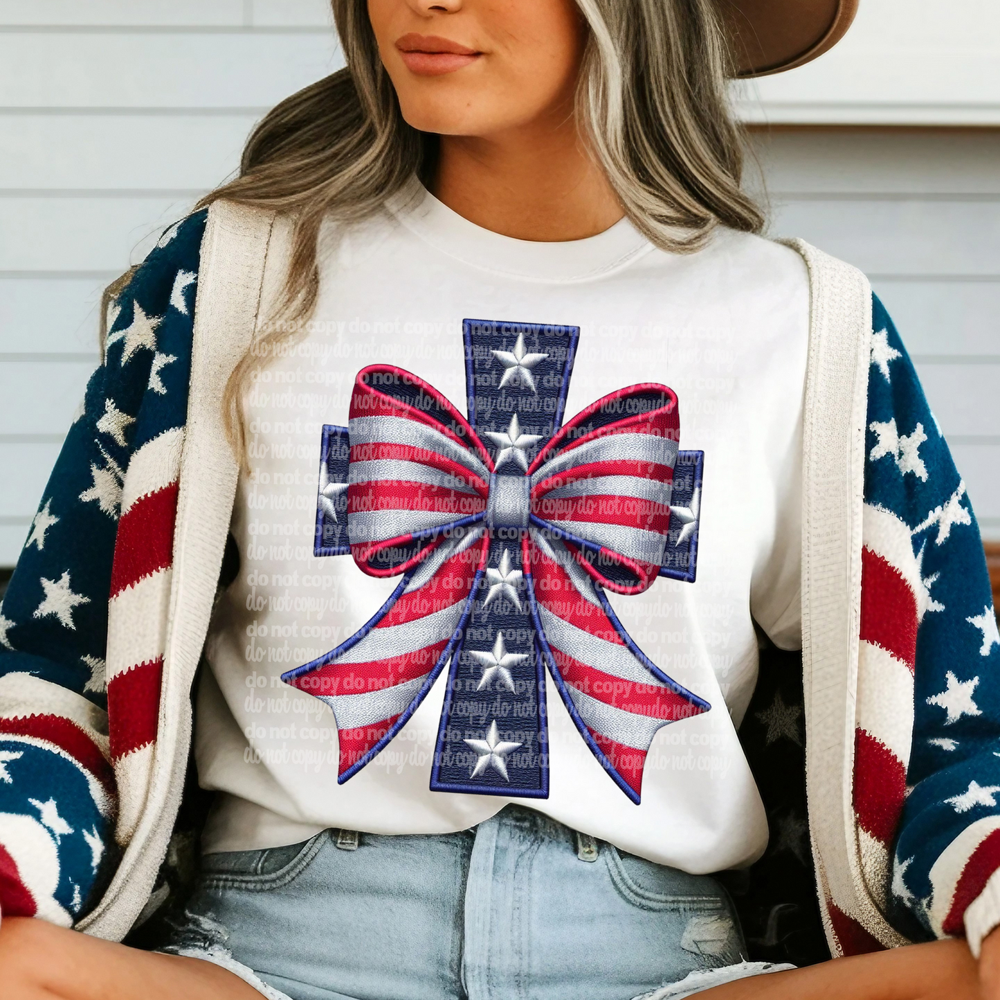 Patriotic Cross Coquette Bow Faux Embroidered DTF Transfer