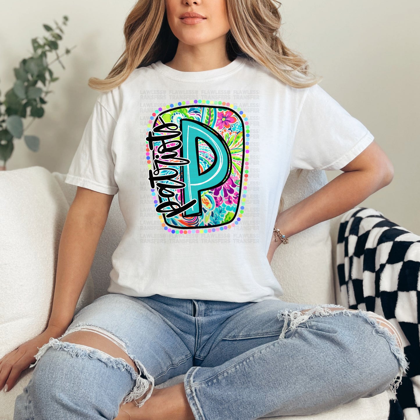 Patriots Scribble Letter Bright Paisley Floral DTF Transfer