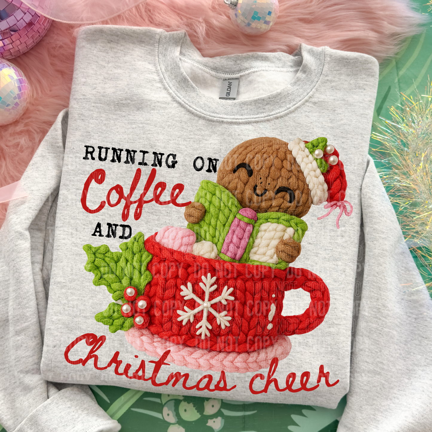 Running On Coffee And Christmas Cheer Faux Yarn #2722 DTF Transfer