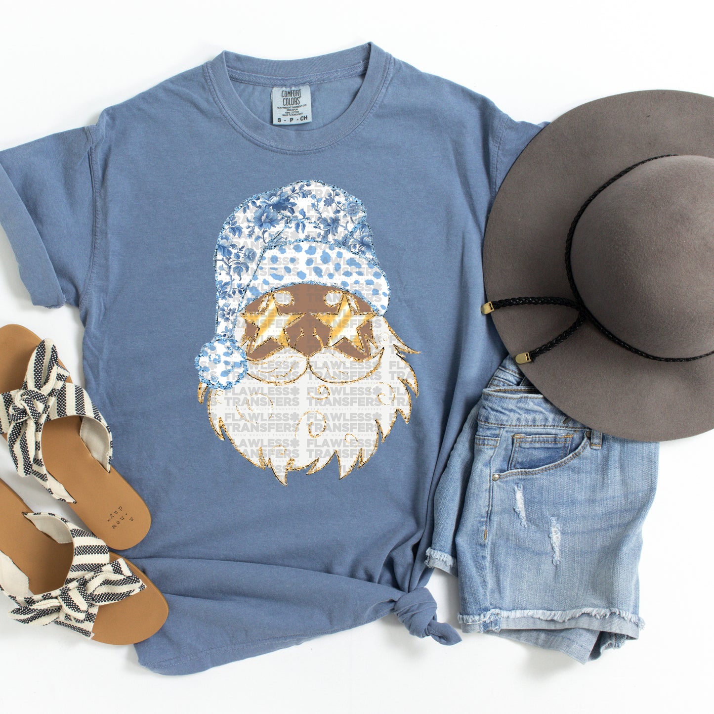 Santa Blue Floral Gold Outline - Black Santa DTF Transfer