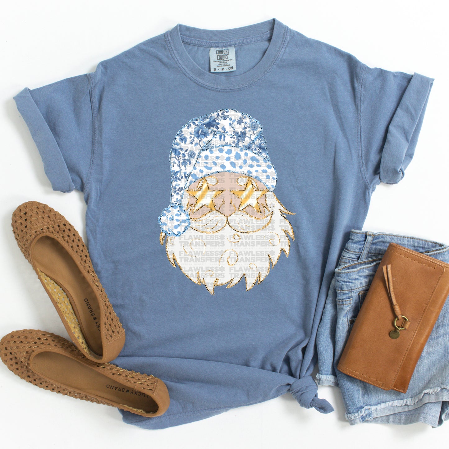 Santa Blue Floral Gold Outline - White Santa DTF Transfer