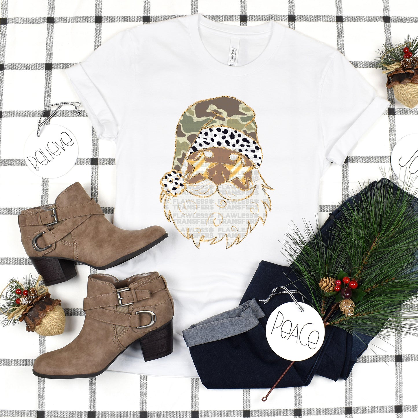 Santa Camo Print Gold Outline - Black Santa Design 1 DTF Transfer