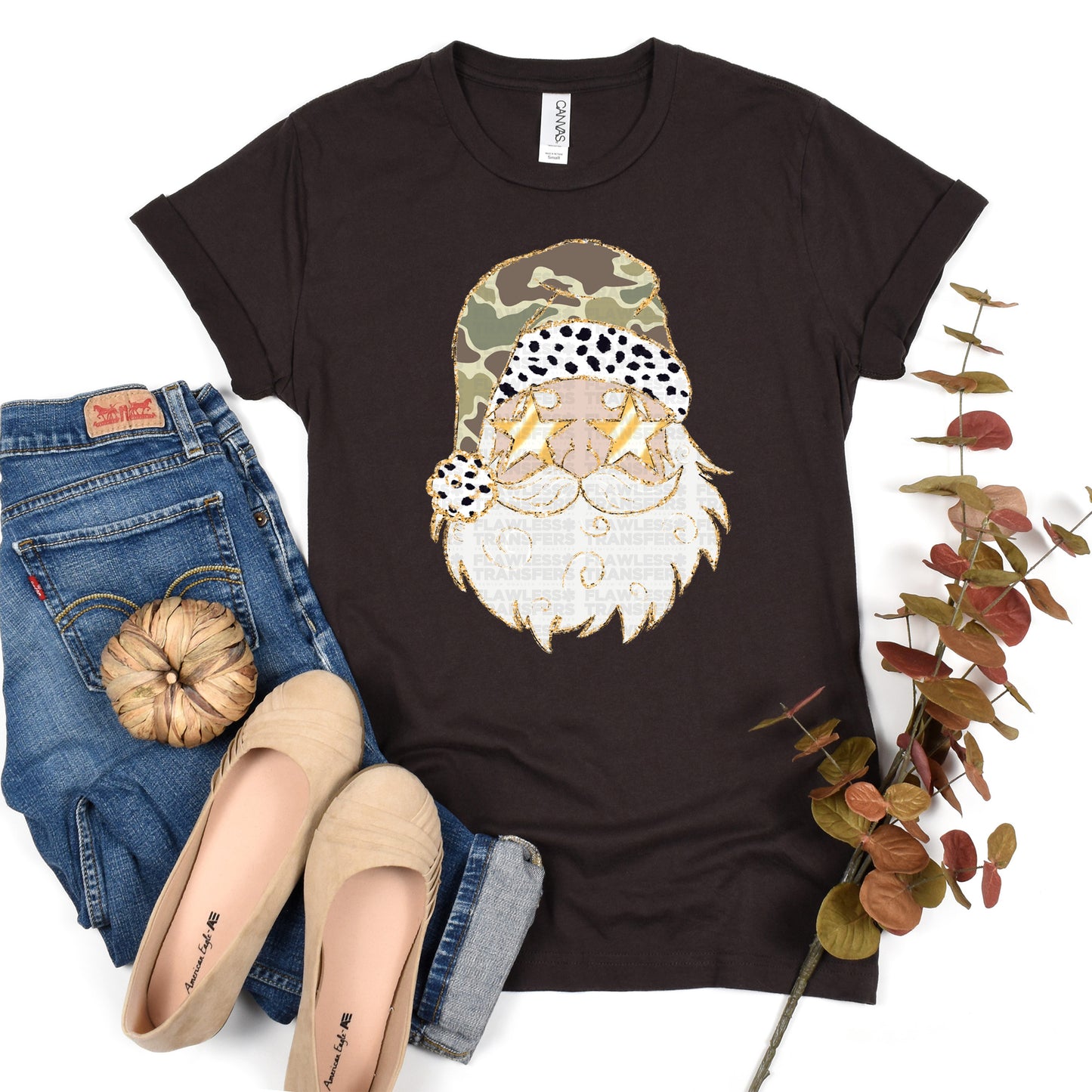 Santa Camo Print Gold Outline - White Santa Design 1 DTF Transfer