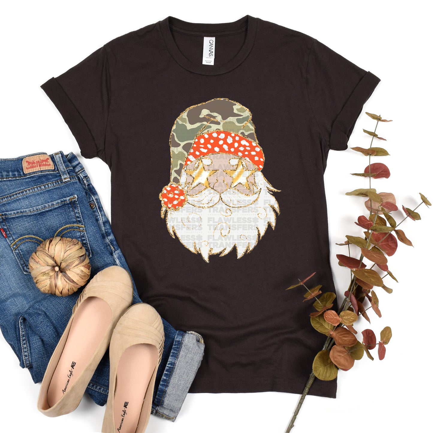 Santa Camo Print Gold Outline - White Santa Design 2 DTF Transfer