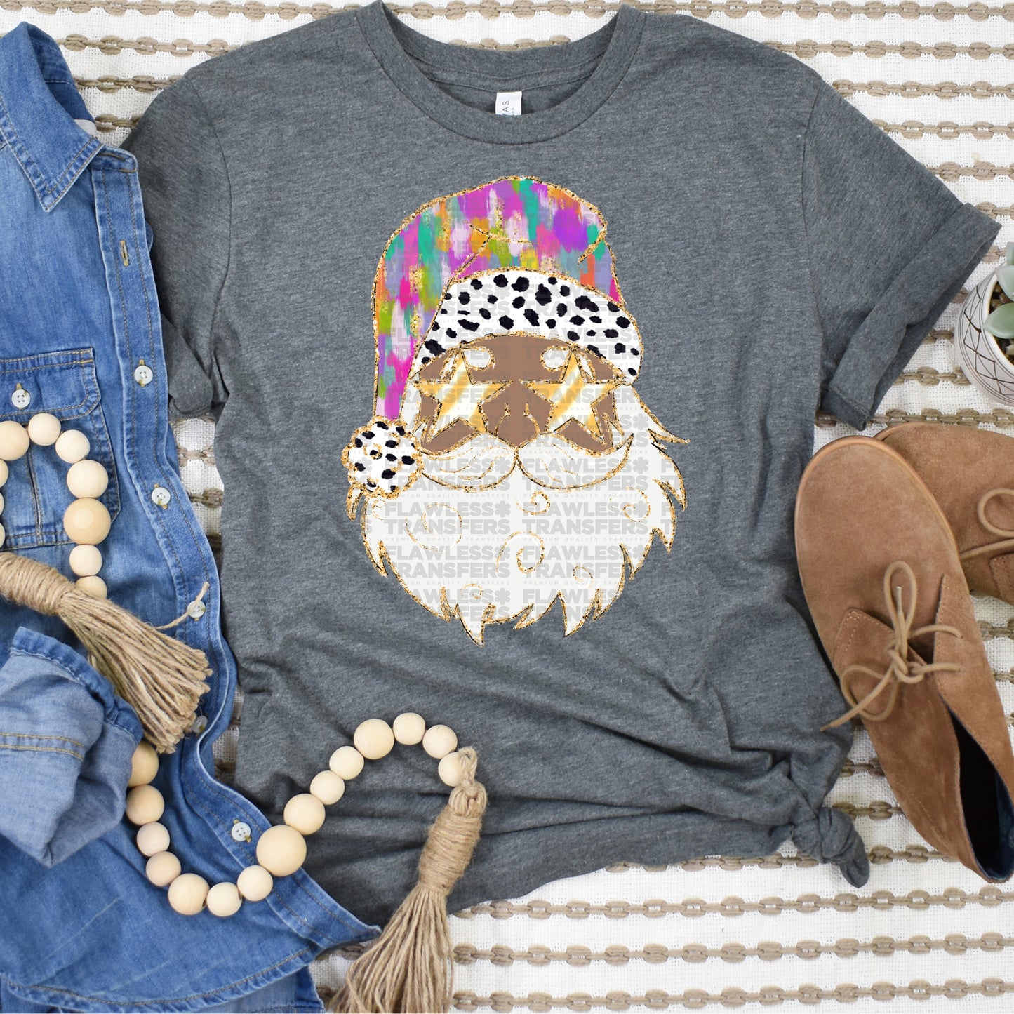 Santa Colorful Brushstrokes Gold Outline - Black Santa Design 1 DTF Transfer