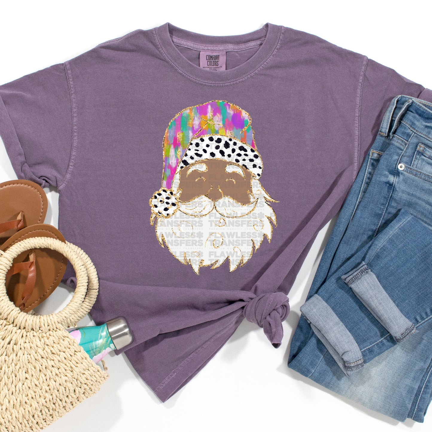 Santa Colorful Brushstrokes Gold Outline - Black Santa Design 2 DTF Transfer