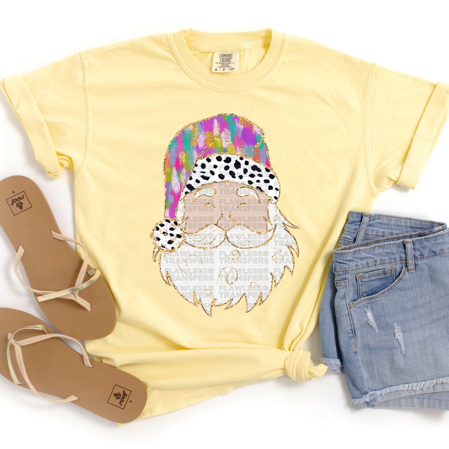 Santa Colorful Brushstrokes Gold Outline - White Santa Design 2 DTF Transfer