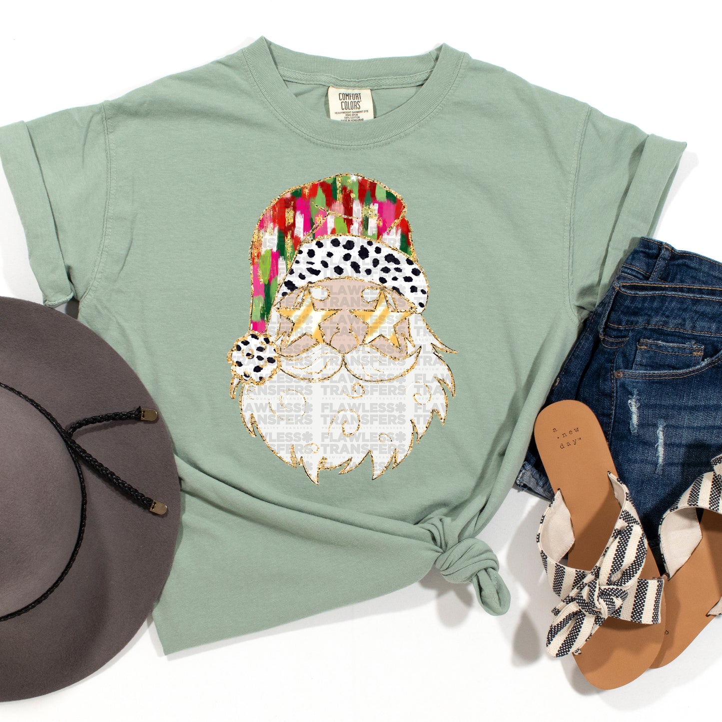 Santa Pink and Green Brushstrokes Gold Outline - White Santa DTF Transfer