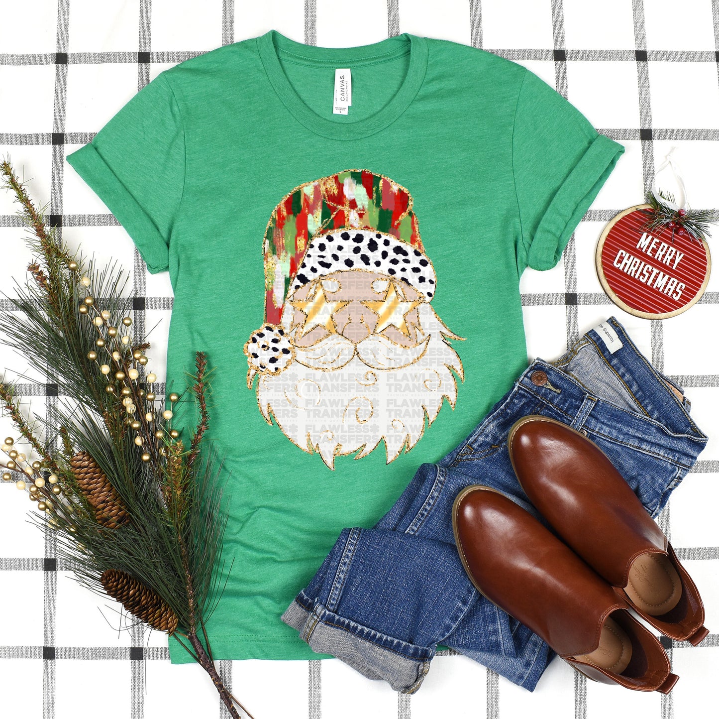 Santa Red and Green Brushstrokes Gold Outline - White Santa DTF Transfer