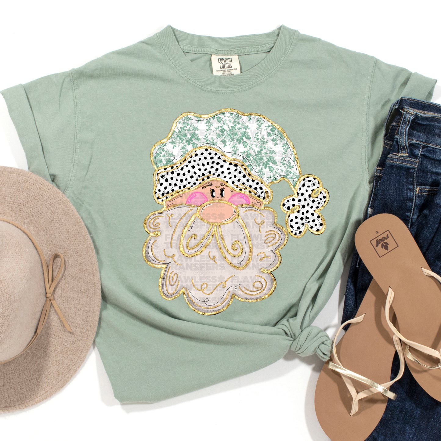 Santa With Green Floral Hat DTF Transfer