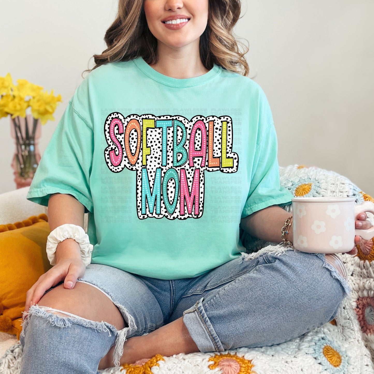 Softball Mom Bright Color Doodle Dalmatian Dots DTF Transfer Ready For Press
