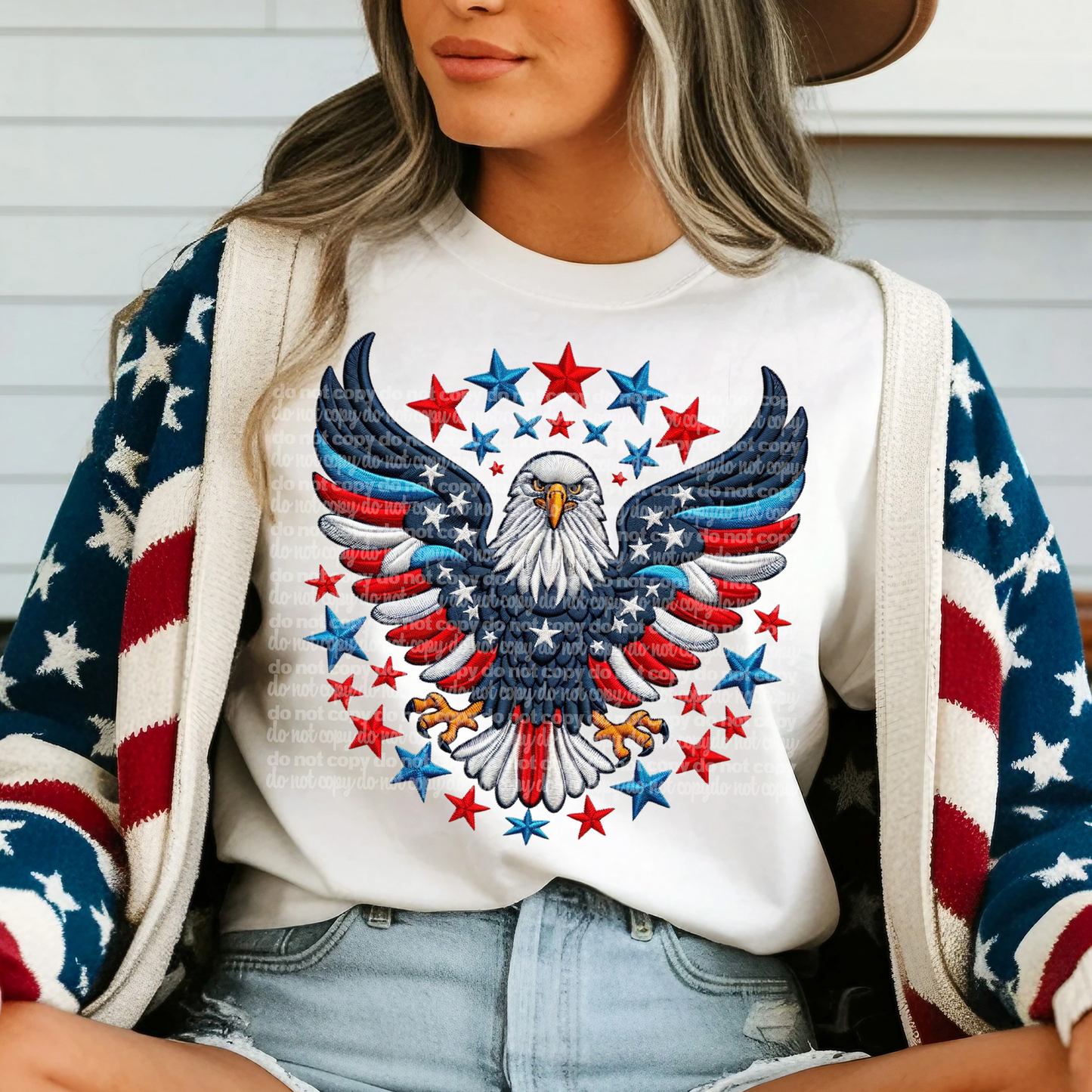 Stars Stripes Bald Eagle Faux Embroidered DTF Transfer